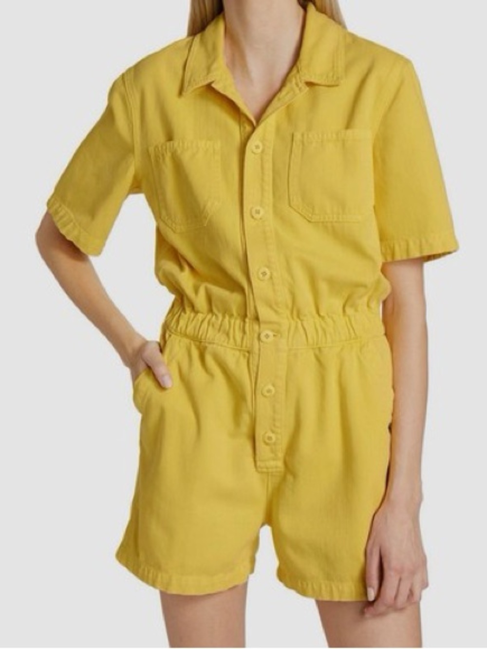 MOTHER The Springy Short Romper XS Primrose Yellow Utility Button Front $395